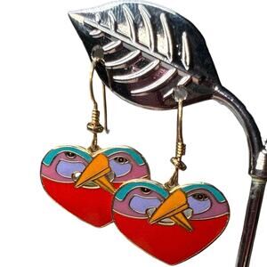 Vintage Laurel Burch "Bird Heart" Cloisonné Enamel Earrings